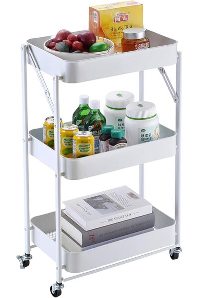 Lawazim Folding Carts - 3 Layers White - Rolling Storage Organizer with Folda...