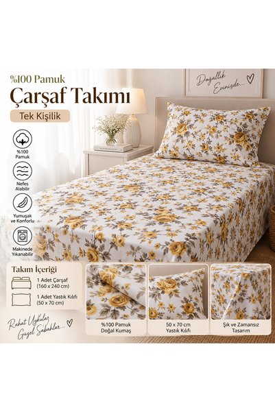 Minderya Çıtır Çiçekli Lastiksiz Çarşaf Takımı ve Yastık Kılıfı