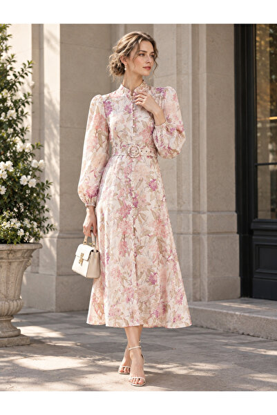 Greneric Women's Elegant Floral Print Midi Dress – Long Sleeves & Tie Detail,...