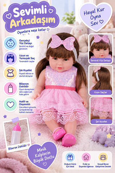 hak-iş oyuncak 30 Cm Yeni Doğmuş Bebek Oyuncak | Pembe Elbiseli Uzun Saçlı Ge...