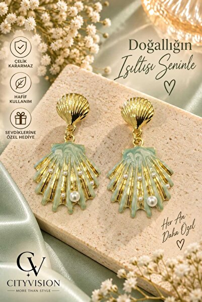 cityvision Sea Shell Steel Tarnish-Resistant Pearl Water Green Color Earring Set