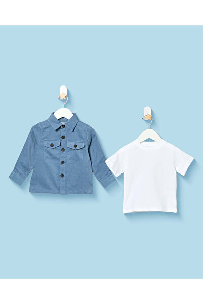 REDTAG Infant Boys Blue And White Shirt with T-Shirt
