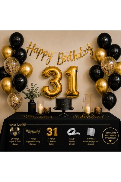 BOXLAND 31 Yaş Doğum Günü Süsleme Seti Siyah Gold Balon Seti Happy Birthday B...