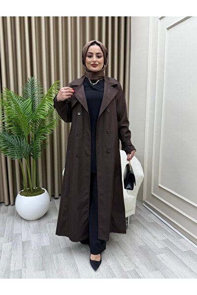 azeldembutik Kadın Düğmeli Kuşaklı Tam Boy Astarlı Trençkot