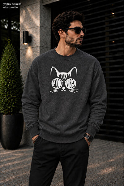 caddekombin Men's Printed Crew Neck Casual Regular Fit Sweatshirt with Cat Il...