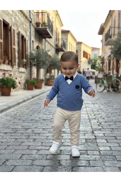 Benzer Bebe Erkek Çocuk Papyon Detaylı Gömlek Yakalı Triko Kazak ve Pantolon Kombin Takım