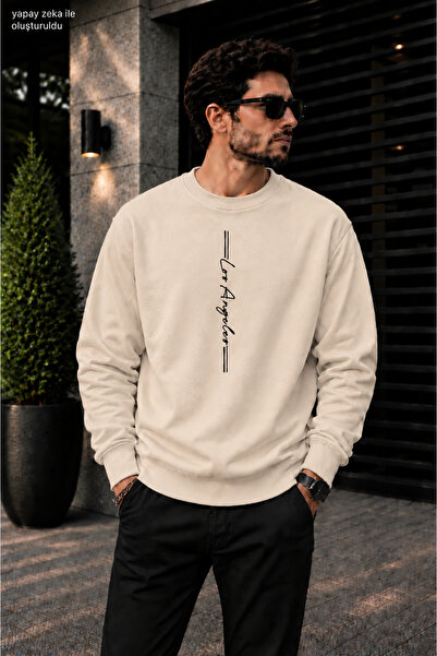 caddekombin Men's Vertical Los Angeles Typographic Lettering Crew Neck Casual...