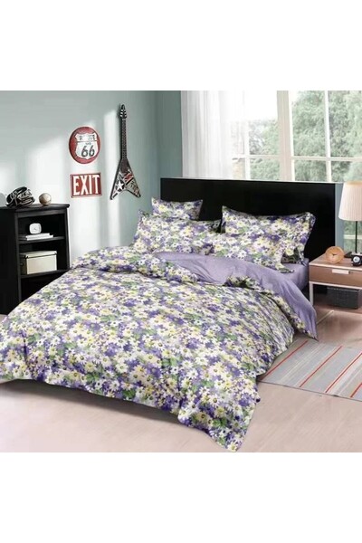 OEM Set lenjerie de pat, 6 piese, cearsaf clasic, finet, model flori, 2 fete, mov, 230x250 cm