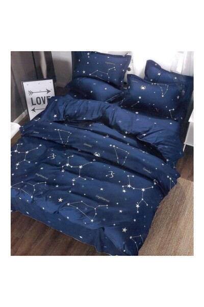 OEM Set lenjerie de pat, 4 piese, cearsaf cu elastic, bumbac satinat, model constelatii, albastru, 180x200 cm