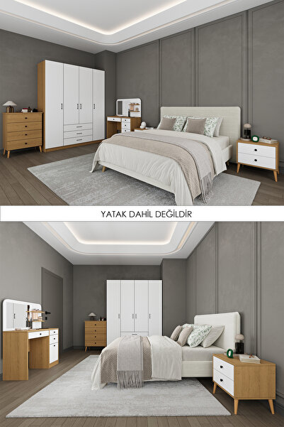 asratrend Yatak Odası Takımı 5 Parça %100 MDF Gardırop Şifonyer Makyaj Masası Komodin YTK03