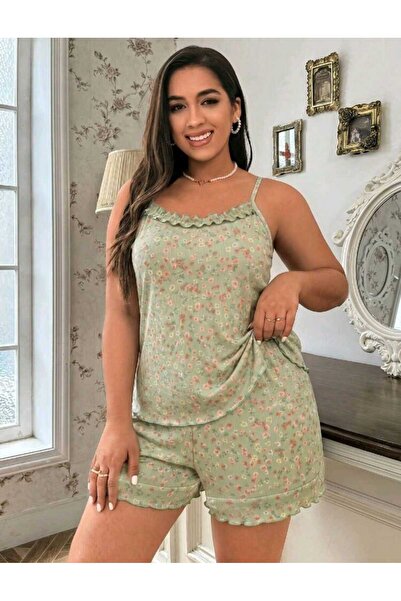 Bernato Kadın Büyük Beden Çiçek Desenli Askılı Fırfırlı Şortlu Pijama Takımı