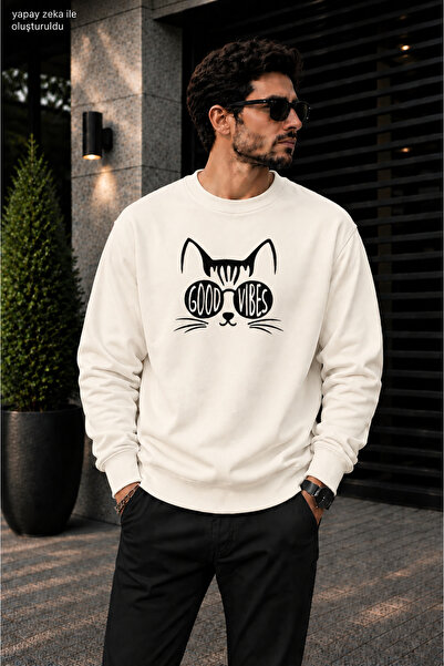 caddekombin Men's Printed Crew Neck Casual Regular Fit Sweatshirt with Cat Il...