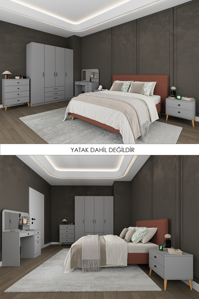asratrend Yatak Odası Takımı 5 Parça %100 MDF Gardırop Şifonyer Makyaj Masası...