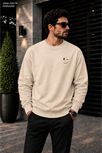 caddekombin Men's Minimal Smiley / Winking Face Crew Neck Casual Regular Fit ...