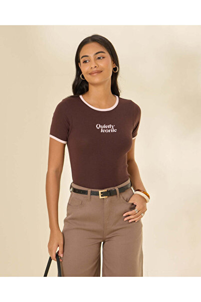 REDTAG Women Brown Contrast Rib T-Shirt