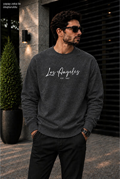 caddekombin Men's Los Angeles Calligraphy Written Crew Neck Casual Regular Fi...