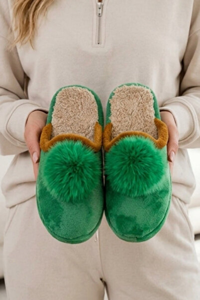 Beyond Women's Green Pompom Detailed Plush Winter House Slippers 3 cm Byndtpw...