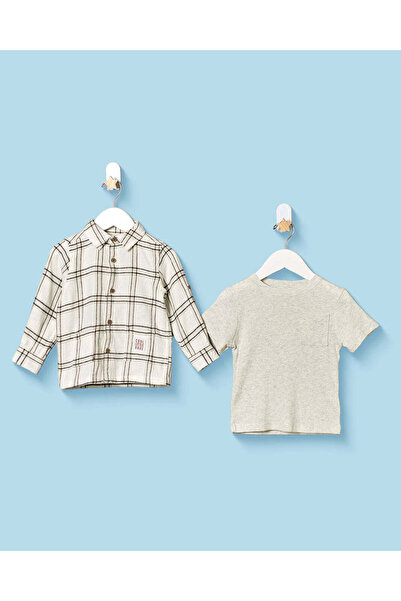 REDTAG Infant Boys Ivory And Grey Overshirt And T Shirt 2 Piece