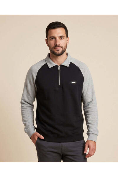 REDTAG Men Black Plain Polo Collar Sweatshirt