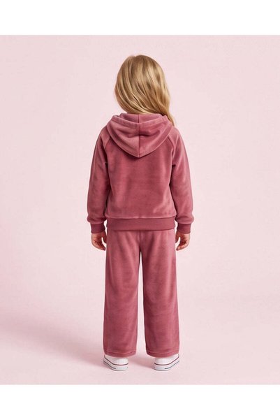 REDTAG Girls Burgundy Embroidered Velour Hooded Jogger Set