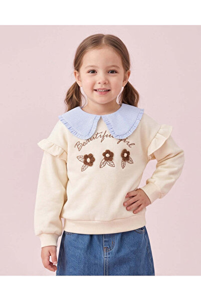 REDTAG Girls Ivory 3D Floral Sweatshirt With Striped Collar