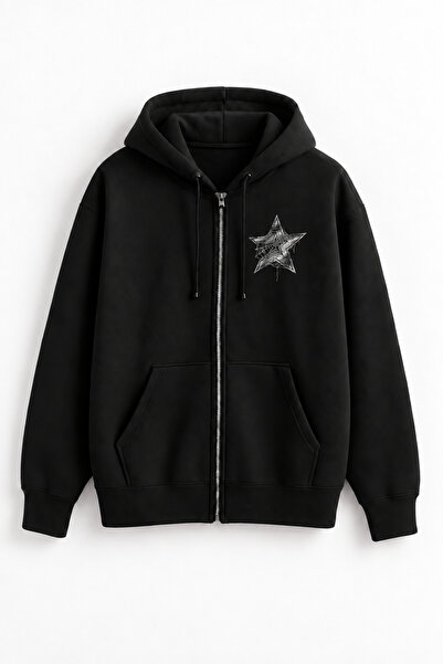 DENOKMODA Star Printed Printed Sleeve Detail Unisex Zippered Cardigan