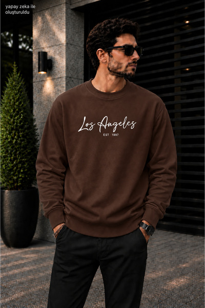 caddekombin Men's Los Angeles Calligraphy Written Crew Neck Casual Regular Fi...