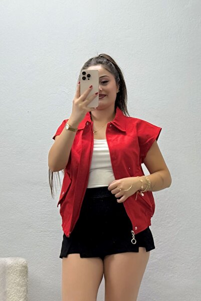 BELENDİR Women's Lycra Pocketed Woven Vest Red