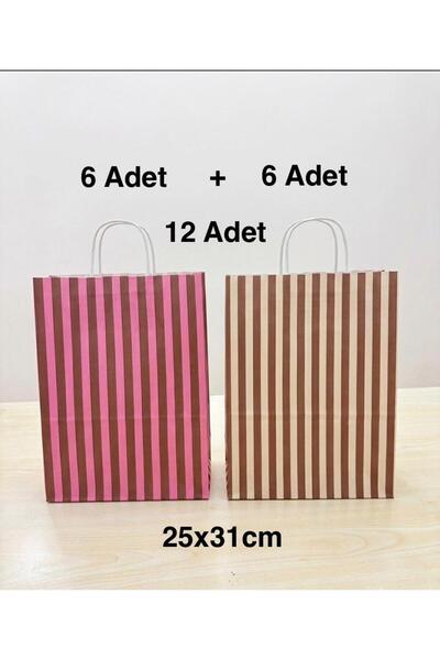 e Erta 12'li Çizgili Set 6 Adet Pembe Çizgili, 6 Adet Kahverengi Çizgili 25x3...