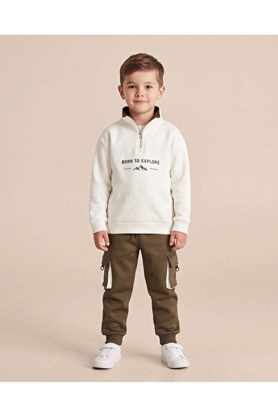 REDTAG Boys Ivory And Brown Slogan Tracksuit 2 Piece