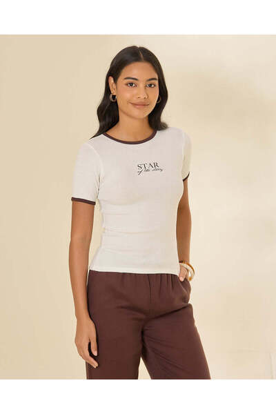REDTAG Women White Contrast Rib T-Shirt