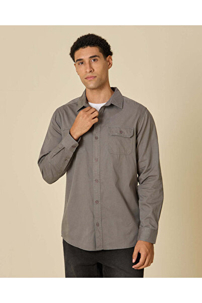 REDTAG Men Grey Plain Twill Shirt with 2 Flap Pockets