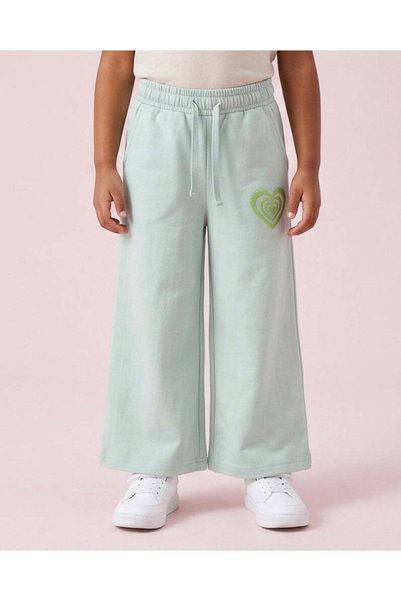 REDTAG Girls Mint Green Heart Print Wide Leg Track Pants