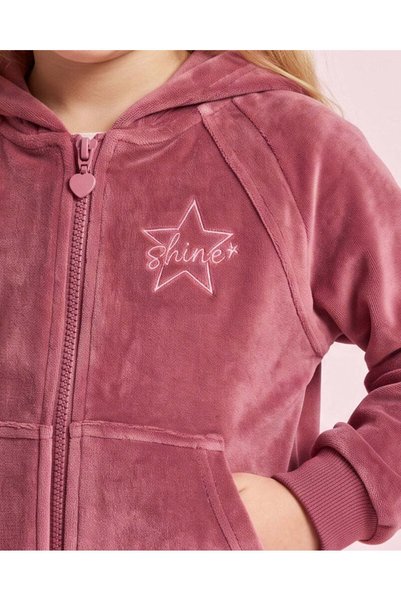 REDTAG Girls Burgundy Embroidered Velour Hooded Jogger Set