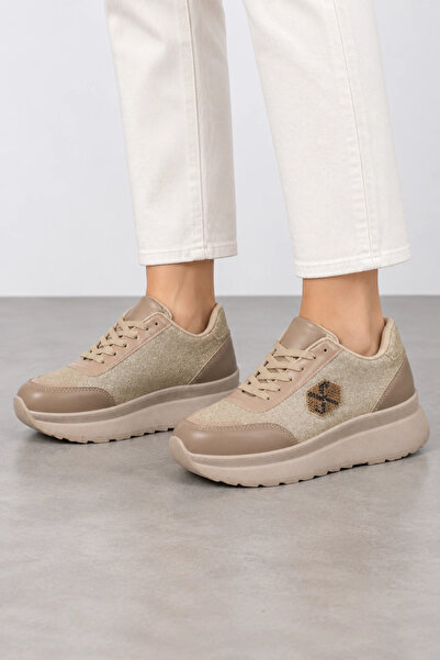 HT HOTİN Mesa Women's Glittery Lace-Up Casual Sneaker Shoes - Beige