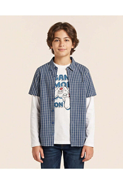 REDTAG Senior Boys Blue Checked Layered Shirt