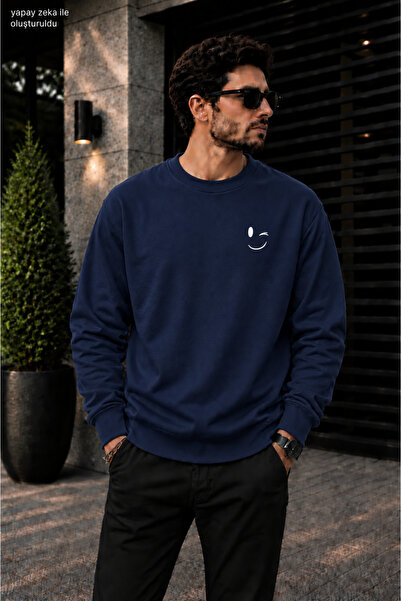 caddekombin Men's Minimal Smiley / Winking Face Crew Neck Casual Regular Fit ...