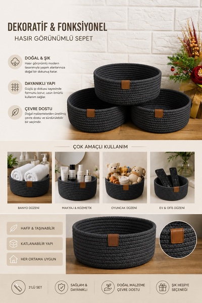 SİMEREV HALI HOME CONSEPT 3 Lü Sepet El Dokuma Sunum Organizer Yuvarlak Jüt H...