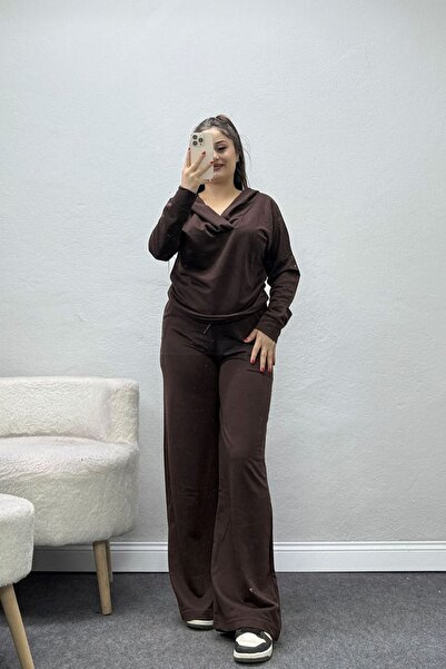 BELENDİR Women's Double Breasted Collared Hooded Suit Brown