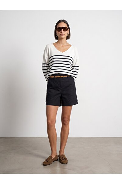Dilvin V-Neck Striped Flowy Mercerized Sweater