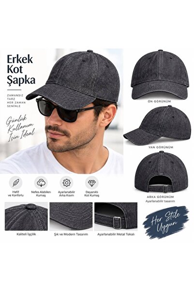 Mutkin Erkek Kot Şapka Ayarlanabilir Metal Tokalı Eskitme Denim Kep Günlük Sp...