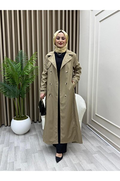 azeldembutik Kadın Düğmeli Kuşaklı Tam Boy Astarlı Trençkot