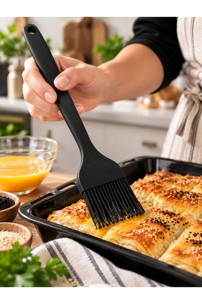 QesQin Silicone Egg Brush 25 cm – Kitchen Brush for Pastry, Poğaça, Dough Work, Greasing and Sauce Application, Black