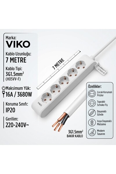 VİKO Multi-Let 5'lü Topraklı Priz 7 Metre 3x1.5 TTR Gerçek Bakır Kablolu Beya...