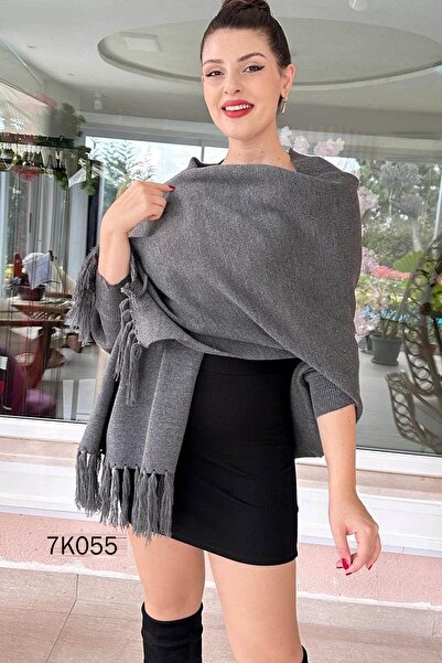 İnce Topuk Tasseled Knitwear Poncho 7K055