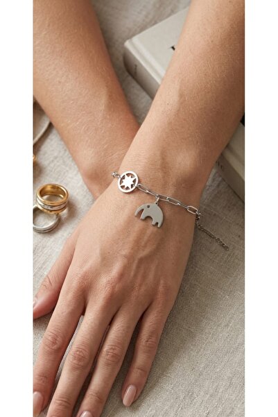 Lunarie Asymmetric Chain Bracelet with Elephant and Sun Figures – Silver Colo...