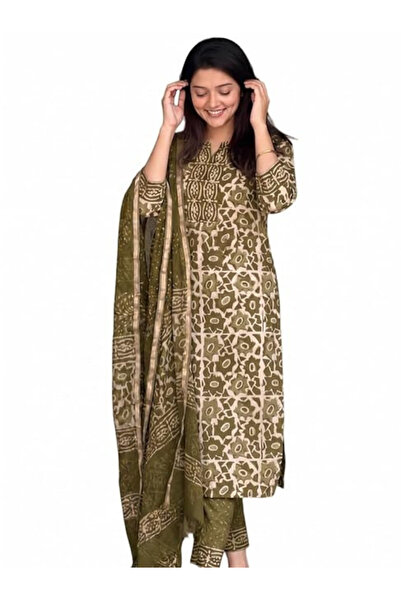 MYSMAR Olive Green Viscose Floral Geometric Block Print Kurta Set - ALV2208 |...