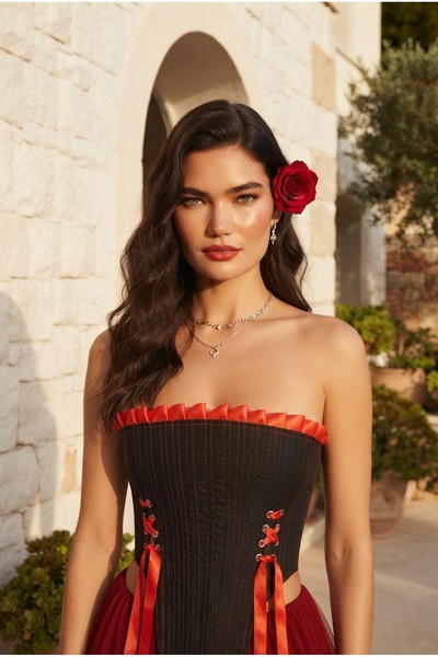 PICO fashion Strapless Ruffle Detailed Ribbon Lace-Up Bustier