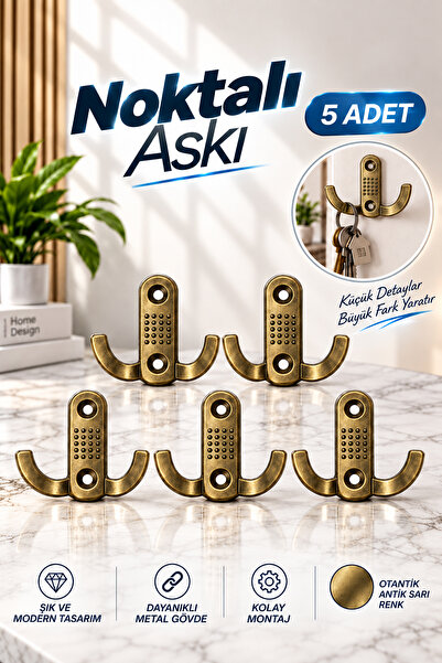 NZB (5 Adet) Noktalı Askı Otantik Sarı Metal Duvar Askılık Dolap Mobilya Vestiyer Dekoratif Askı