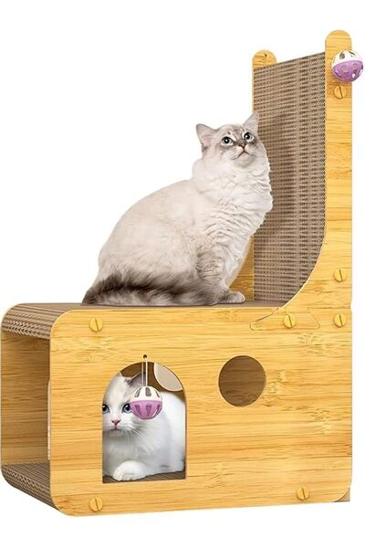 GENERAL Cat Scratching Board, L-Shaped Cat Scratcher with 4 Hanging Balls, Do...